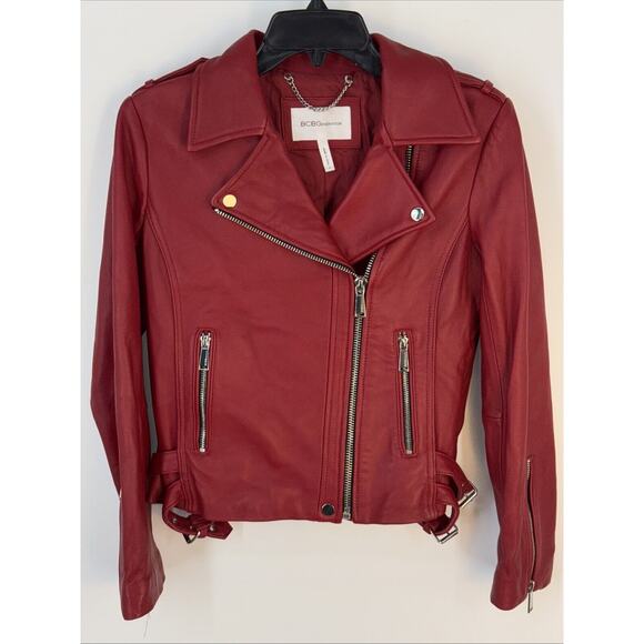 BCBG Lambskin Leather Moto Jacket Red Fits Sz Small Genuine Full Zip Clean - Picture 1 of 5